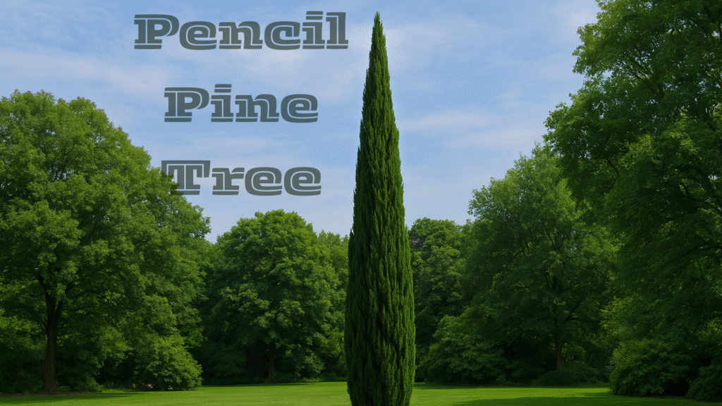 A high-resolution landscape image of a luxurious Pencil Pine Tree with a tall, slender, and evergreen structure, set in a vibrant garden background with clear blue skies.