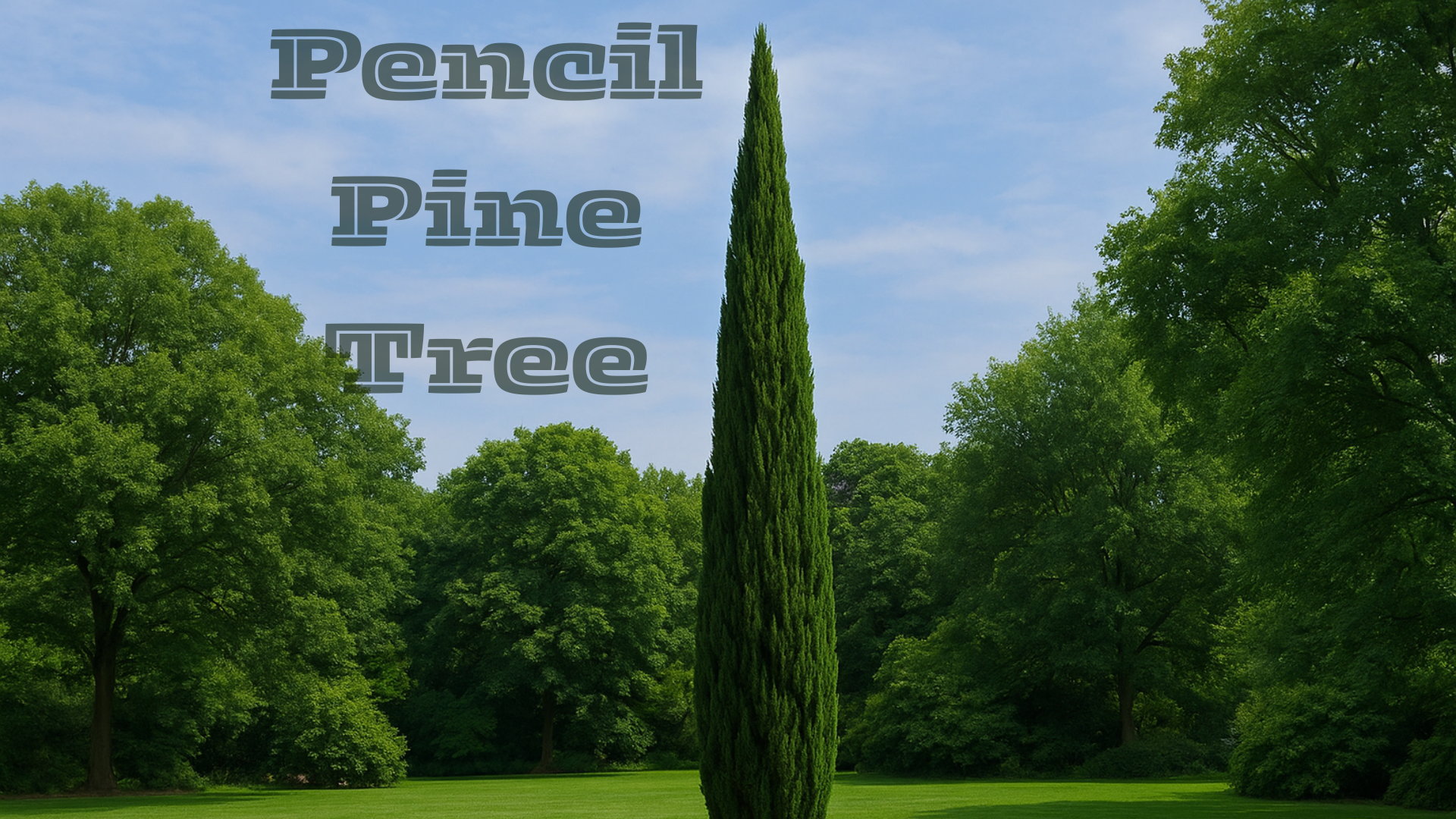 A high-resolution landscape image of a luxurious Pencil Pine Tree with a tall, slender, and evergreen structure, set in a vibrant garden background with clear blue skies.